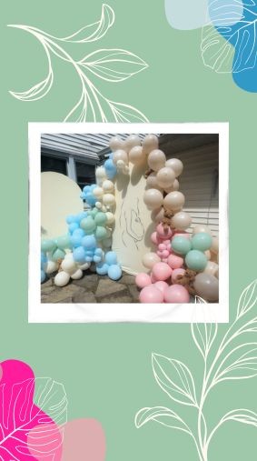 300 balloon arch. The middle arch has a image of pregnant lady line art