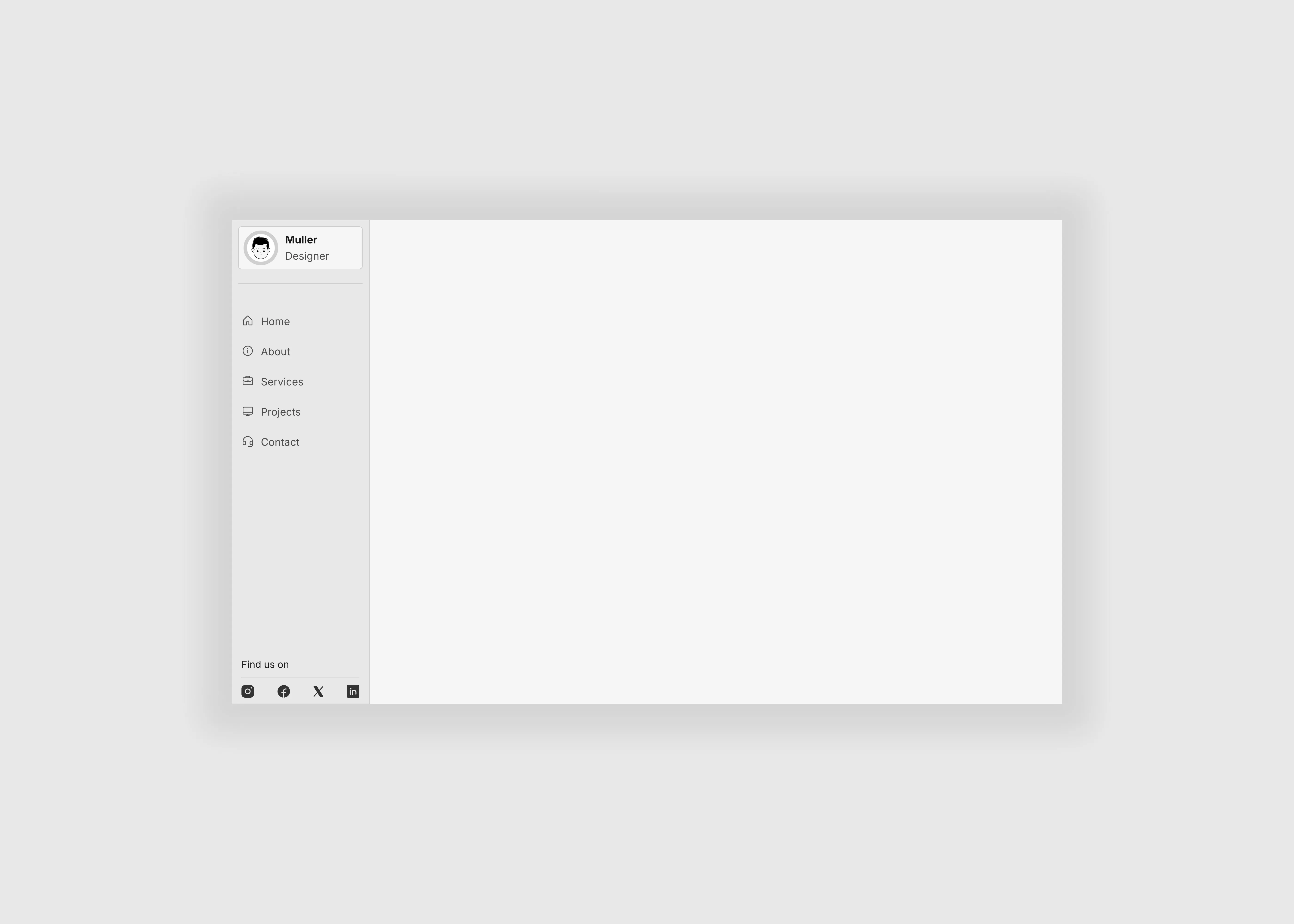 A light themed sidebar ui with user profile, menu options and social buttons.