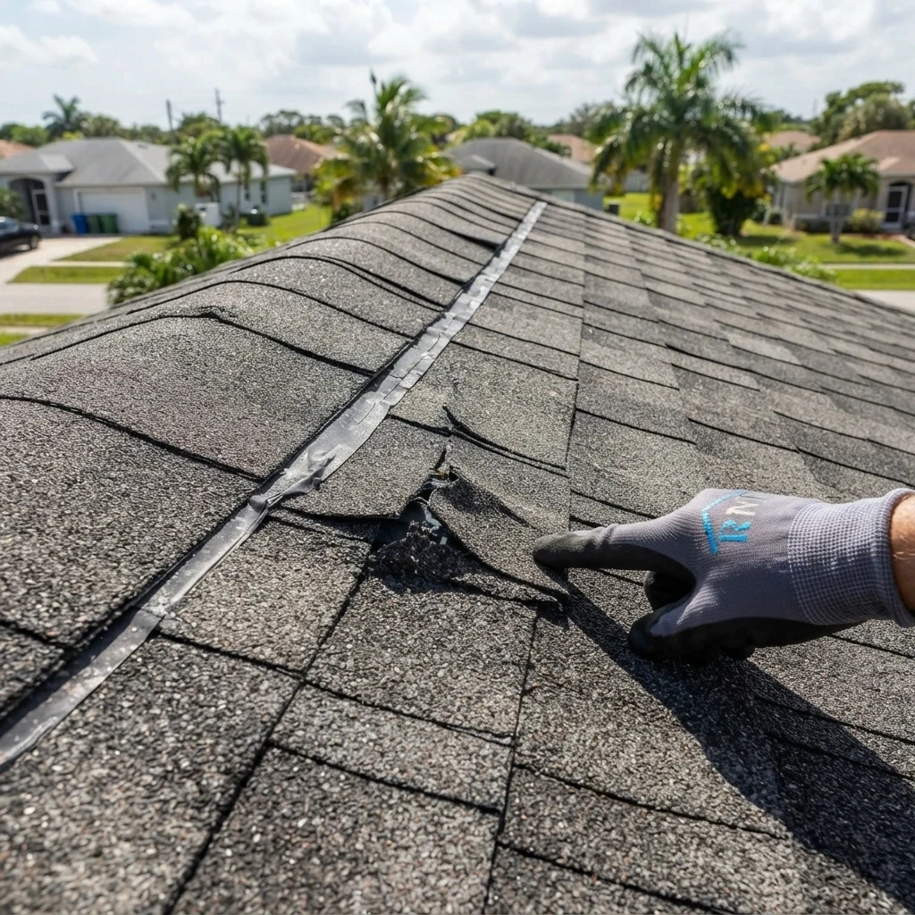 Wind-lifted shingle tabs and creased shingles documented as covered storm damage in Broward County