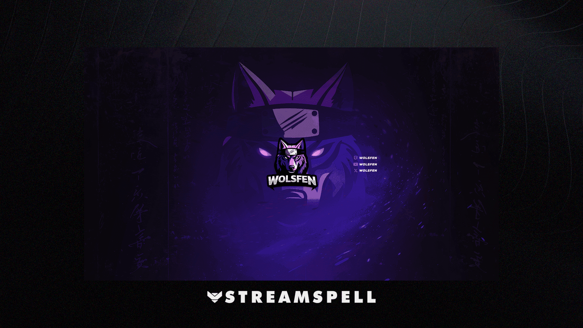 Wolsfen social banner with the ninja wolf logo, channel handles, and Blue Violet atmosphere