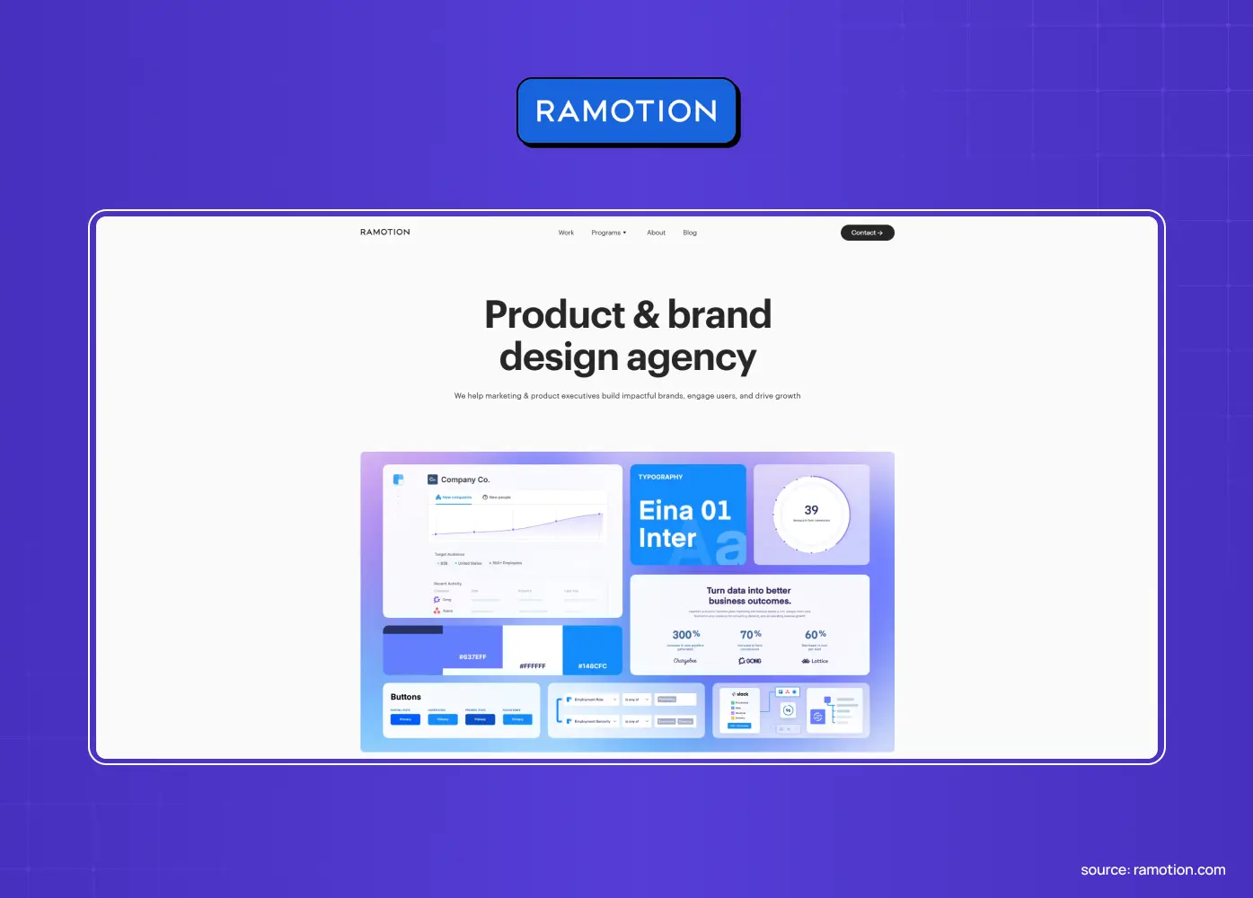Ramotion's product and brand design agency website with a clean, spacious layout highlighting UI case studies and modern digital experiences.