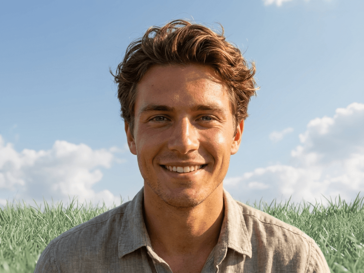 A smiling young man with wavy brown hair in a green field under a bright blue sky with white clouds.