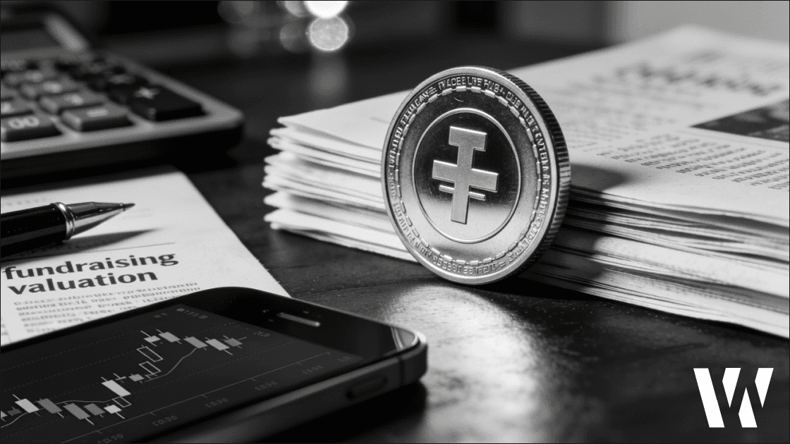Black-and-white photorealistic desk scene showing a USDT stablecoin coin on fundraising documents, illustrating Tether scaling back a $20B raise amid $500B valuation scrutiny.