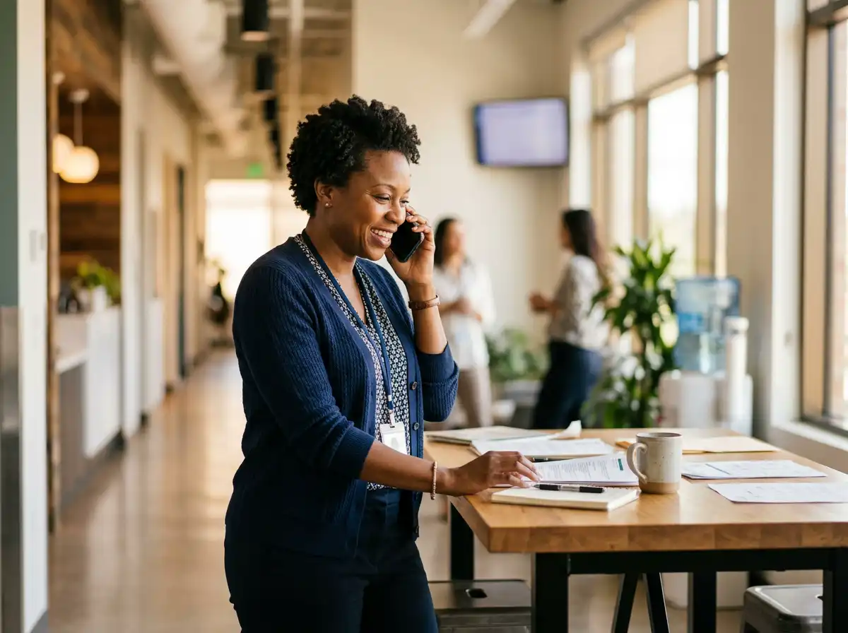 Care coordinator taking a phone call at a standing desk
