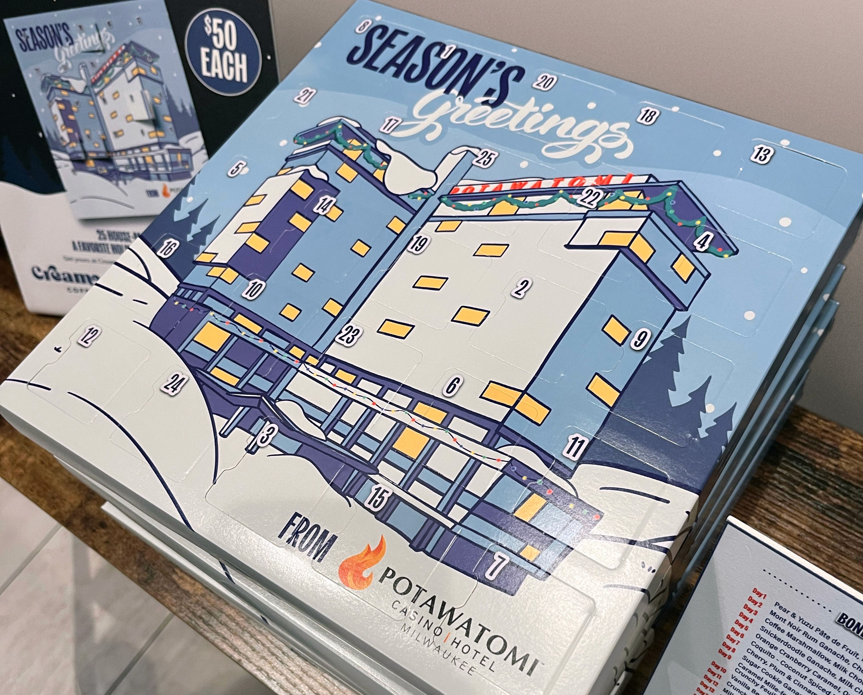 Advent Calendar with a snowy illustration of Potawatomi Casino Hotel