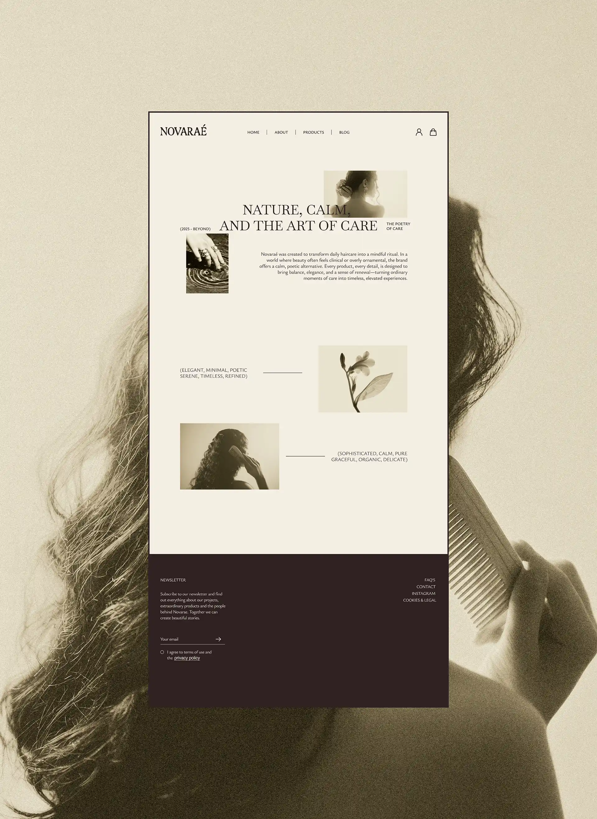 Website design for Novarae luxury haircare brand showing editorial homepage layout