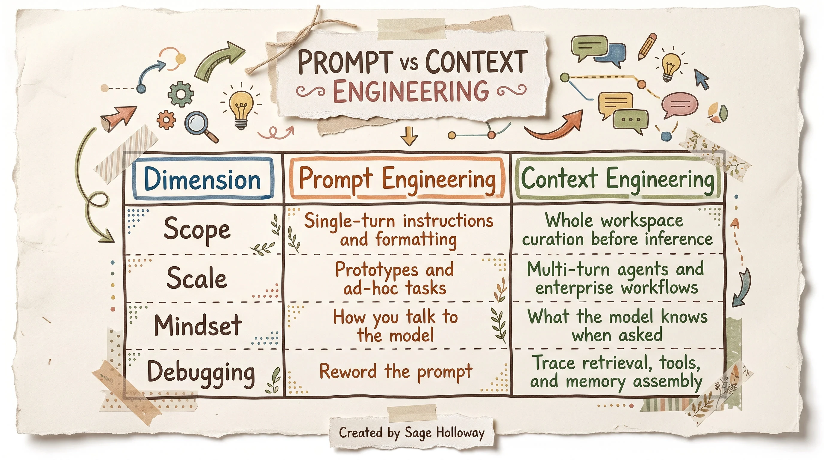 Comparison table of prompt engineering versus context engineering across scope, scale, mindset, and debugging