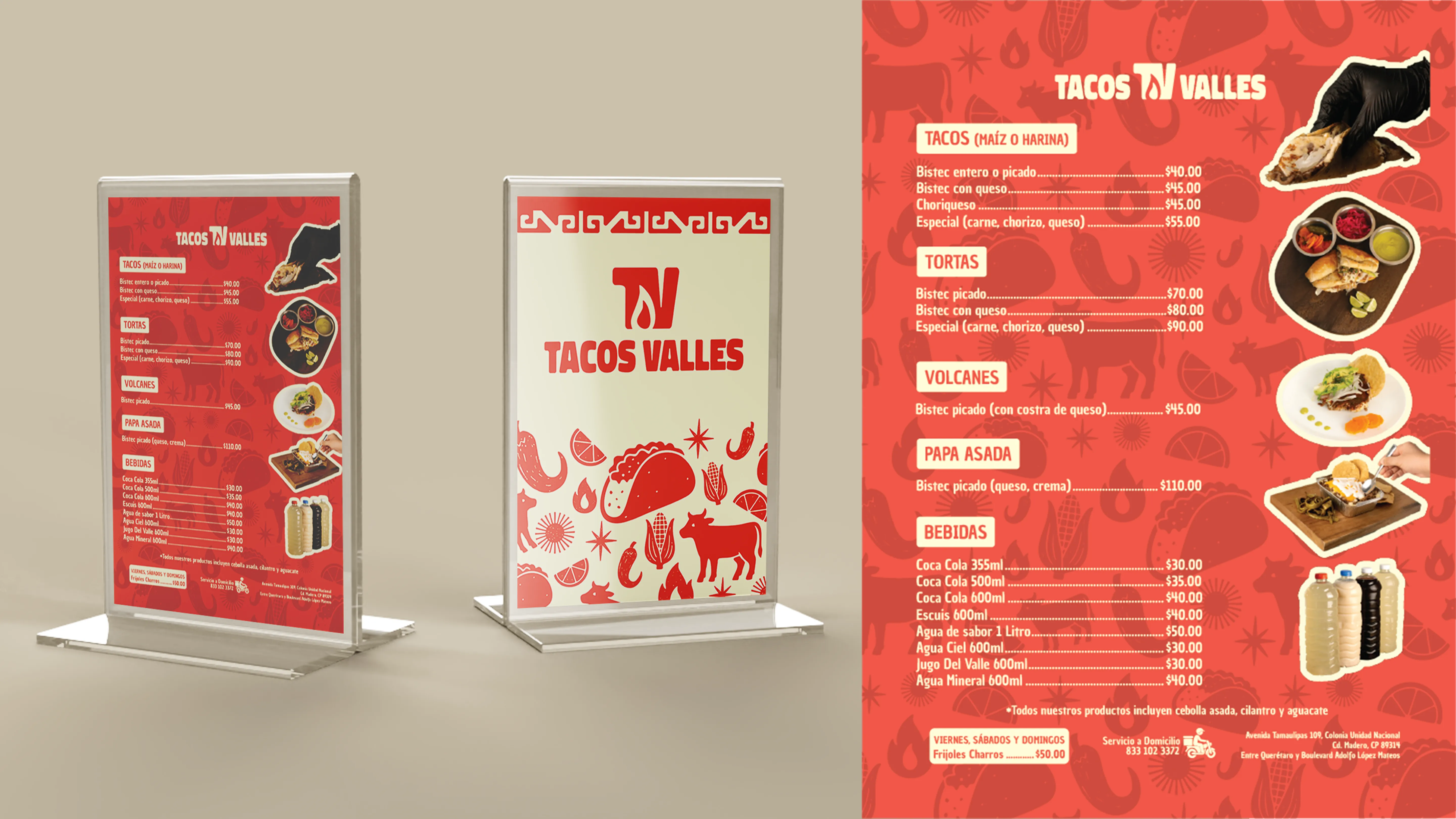 Mock-up de menús impresos de Tacos Valles sobre mostrador.