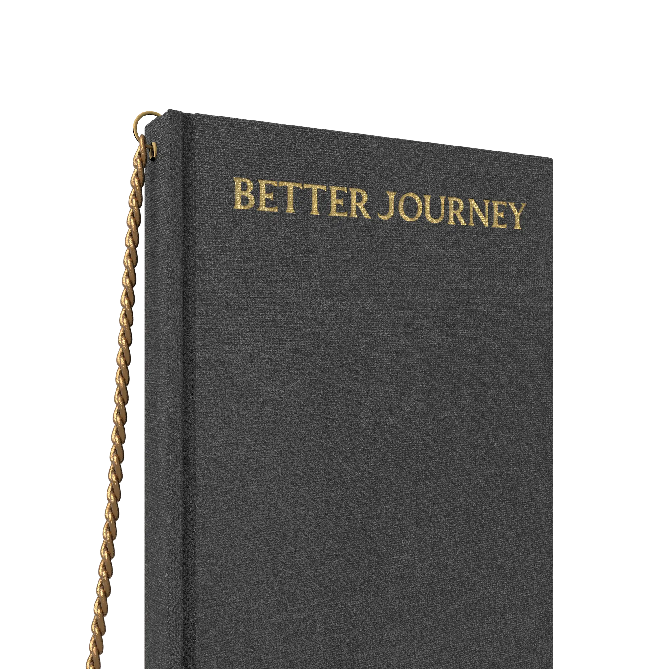 Close-up of BETTER JOURNEY Creative Journal cover in black, featuring gold lettering and brass chain bookmark