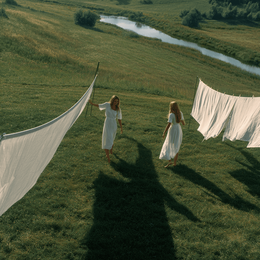 Two women in windy field with white cloths