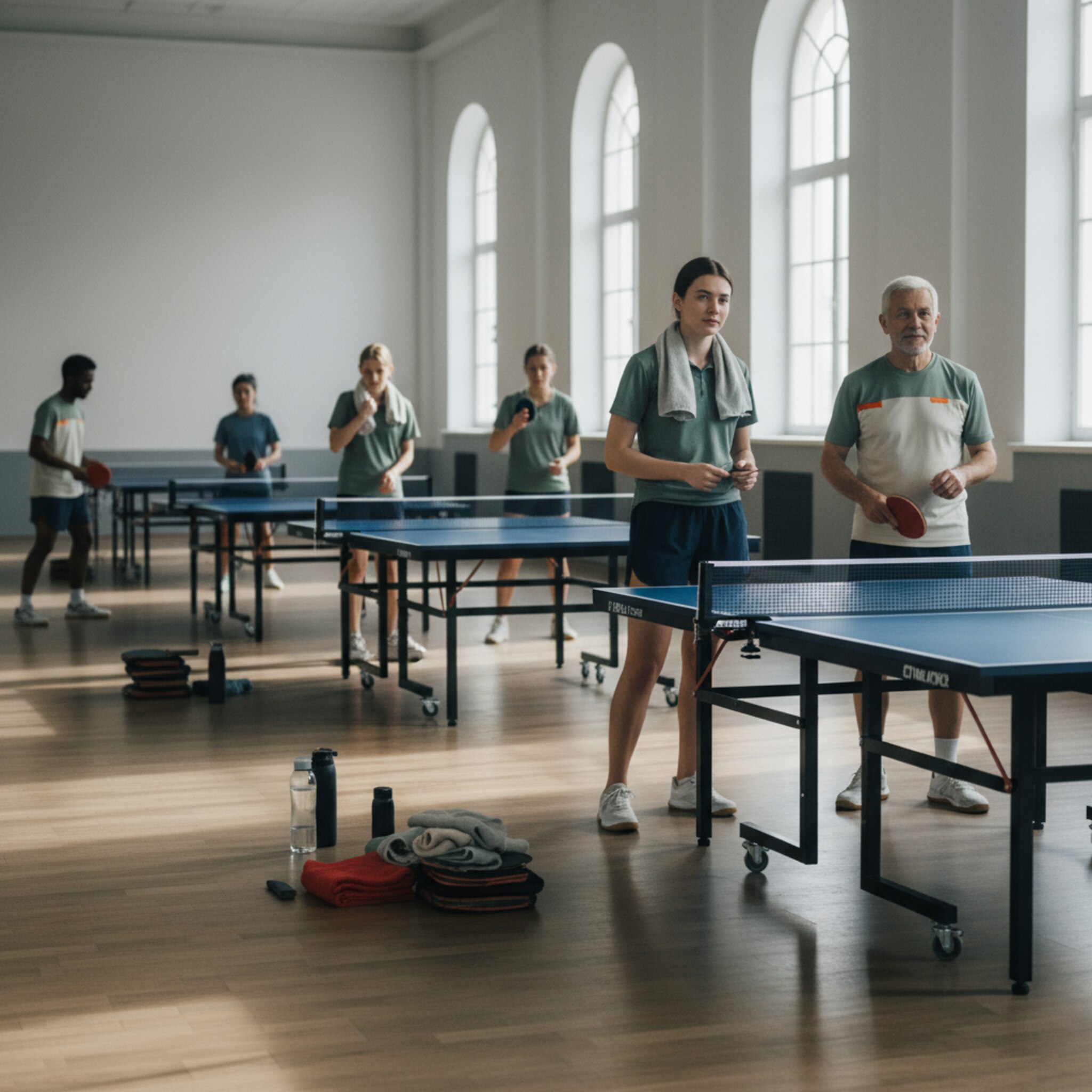Mehrere Tische stehen in klaren Reihen, Teamtraining läuft synchron. Paare wechseln sich präzise ab, kurze Pausen werden zum Abklatschen und Luftholen genutzt. Am Rand liegen Schlägerhüllen und Handtücher ordentlich bereit. Diffuses Morgenlicht zeichnet ruhige Schatten auf den Holzboden und schafft Ruhe im Raum.