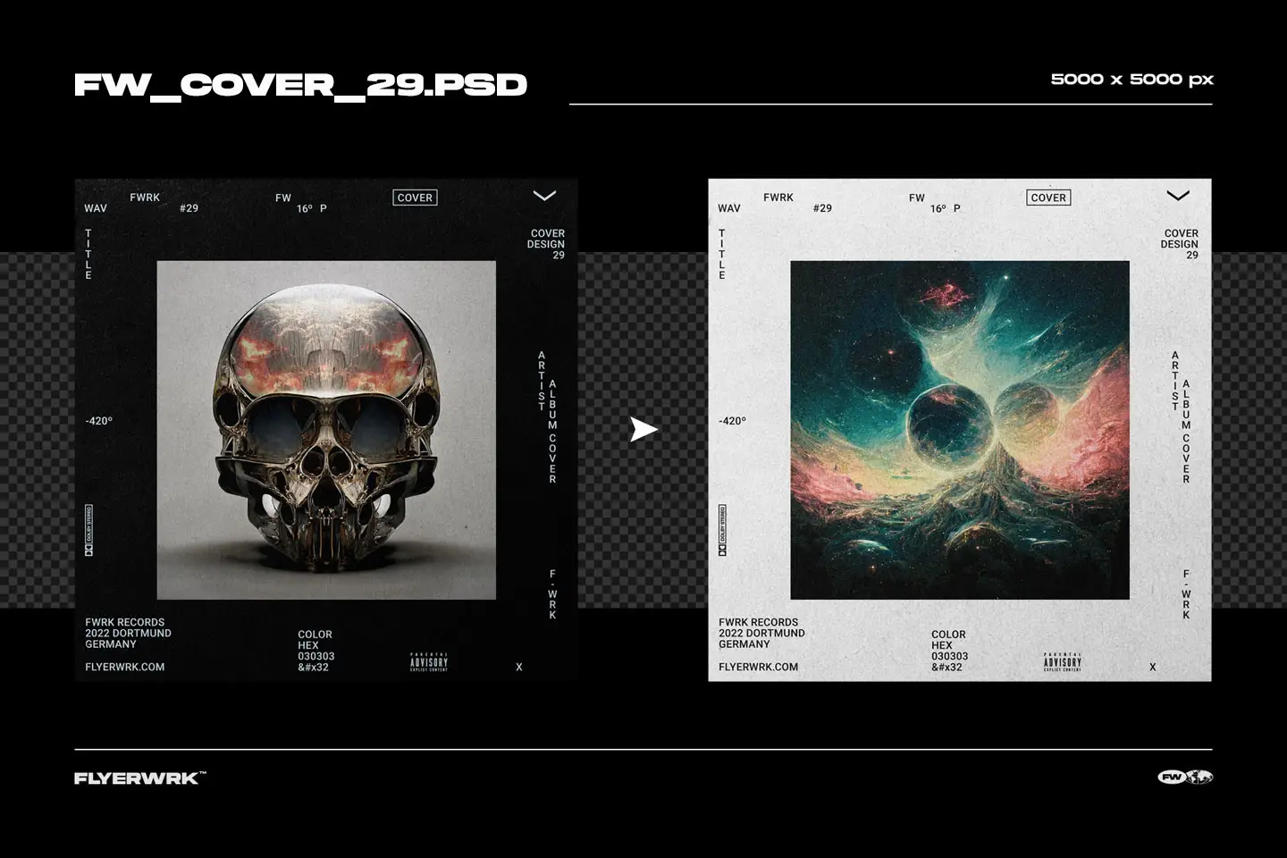 Two variations of an album cover template showing a chrome skull and a cosmic nebula