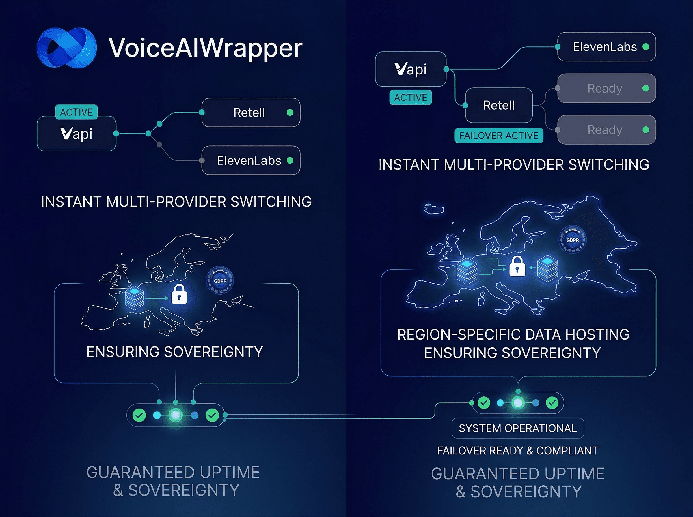 Voice AI platform uptime guarantee showing multi-provider switching with Vapi, Retell, ElevenLabs, client isolation workspaces, and data sovereignty | VoiceAIWrapper.