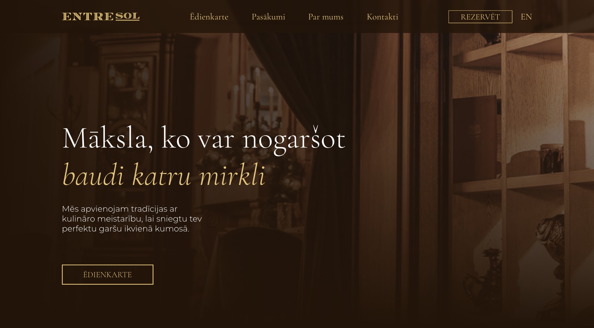 Entresol restaurant website home page with a dark interior hero