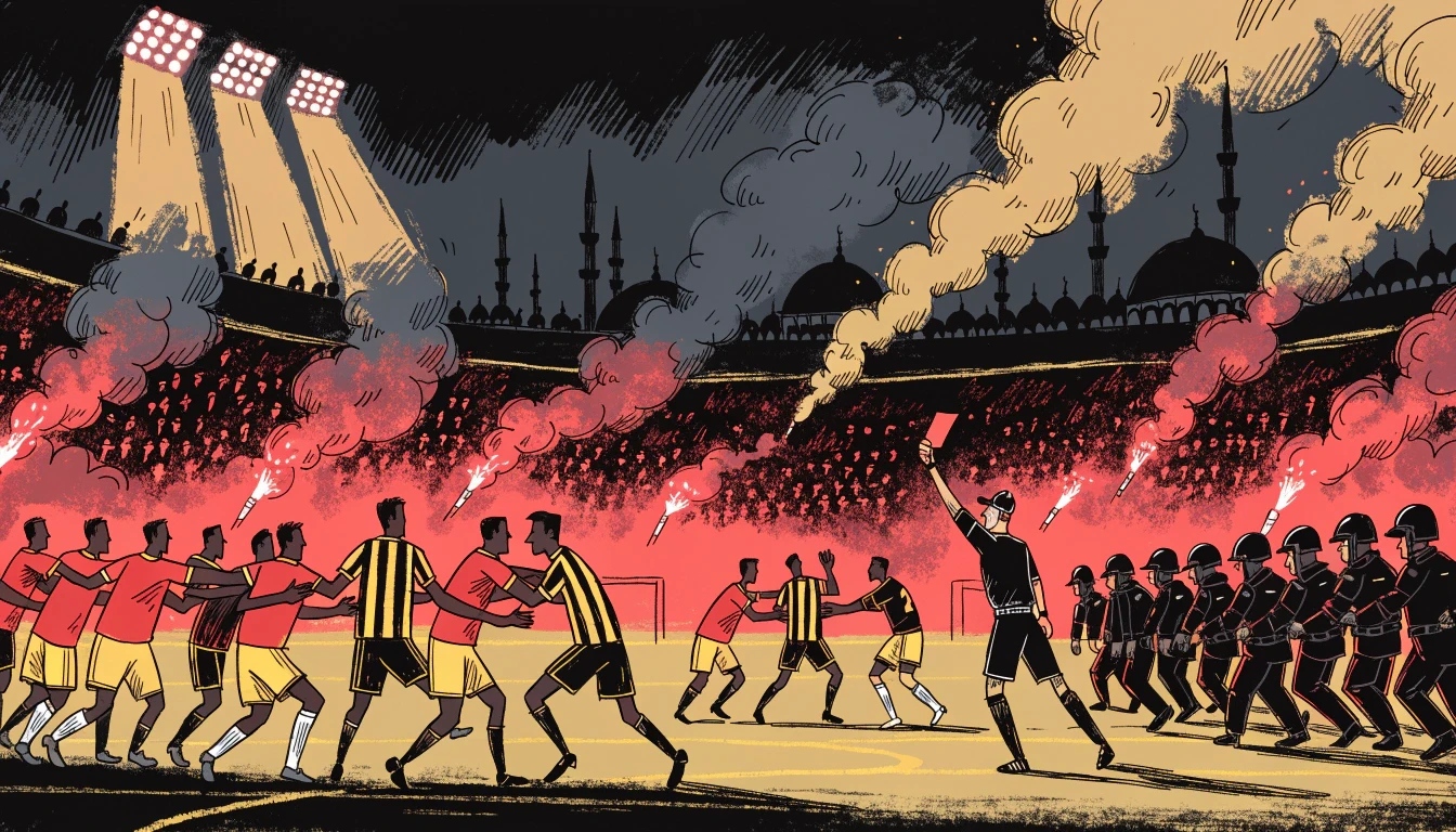 Illustration of footballers in red-and-yellow and navy-and-yellow kits pushing and shoving at the final whistle, a referee showing a red card and police walking onto the pitch, with red flares and smoke in the stands