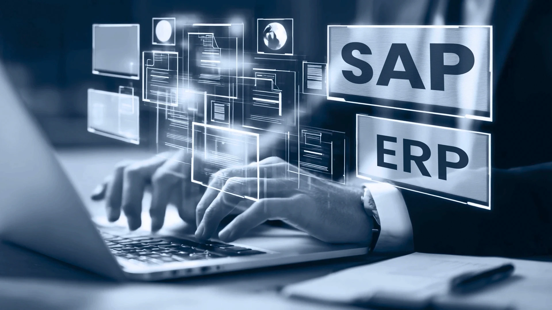 The image illustrates a SAP ERP solution for integrated business operations and resource management.