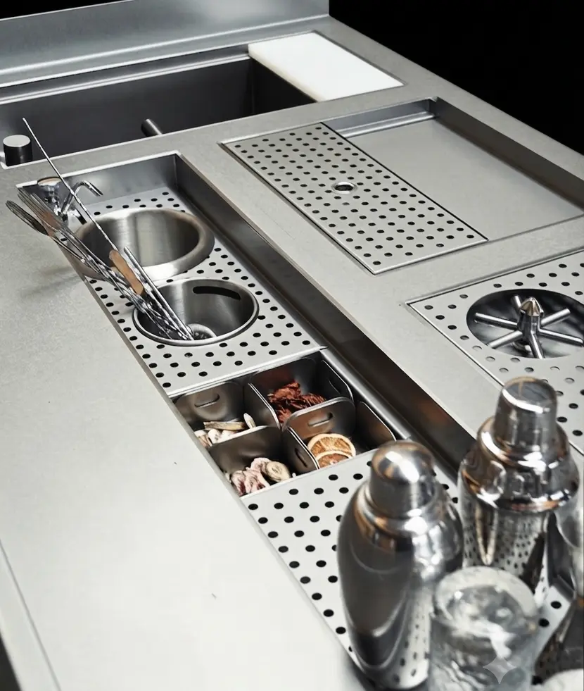 A fully-equipped stainless steel commercial cocktail station and speed rail workstation.&nbsp;   Details: Features integrated compartments with perforated drainage covers, built-in garnish rails holding various ingredients, a glass rinser, and an array of bar tools including shakers, jiggers, and glassware.