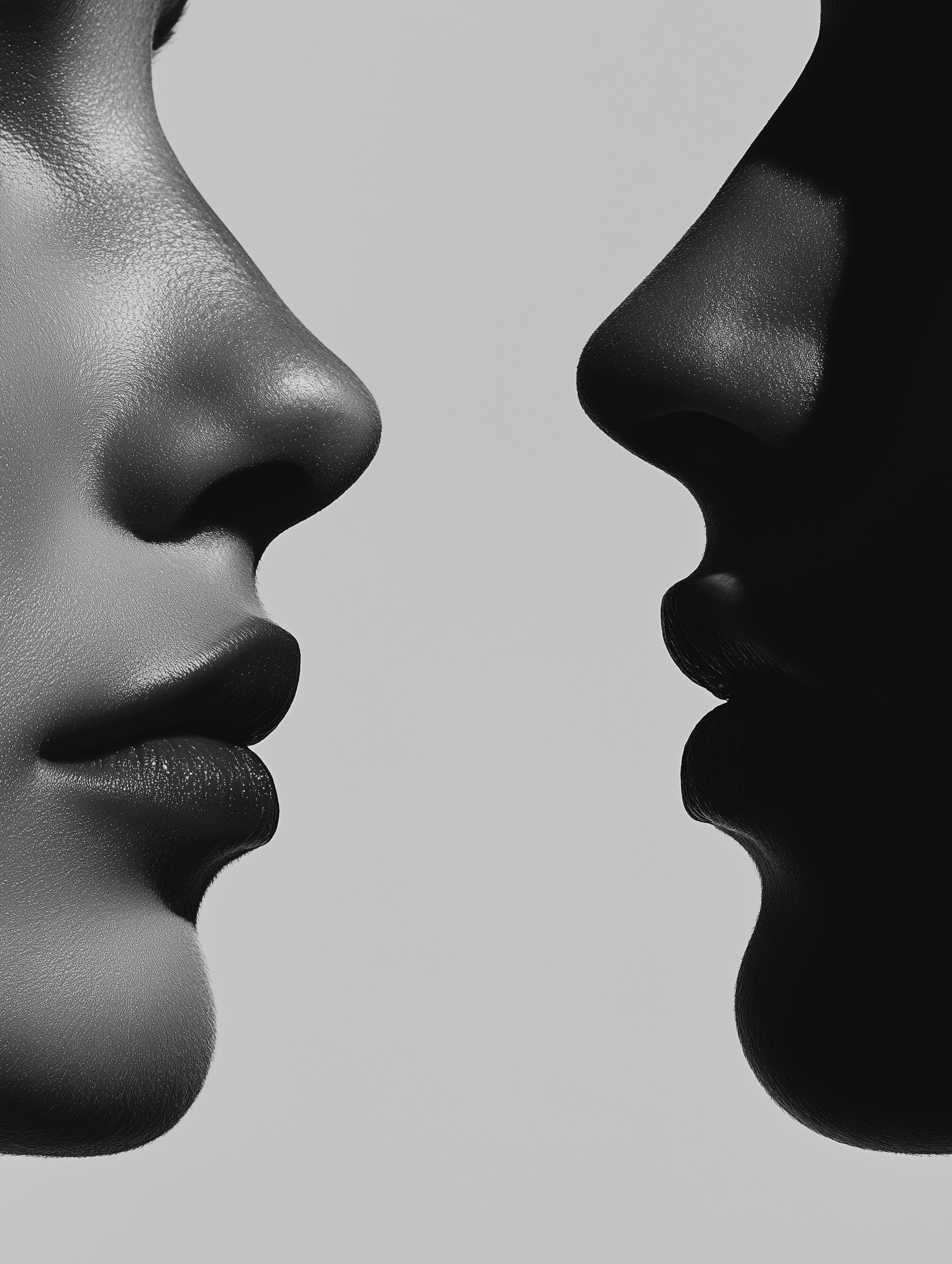 A monochromatic close-up profile shot of two faces, one in light and the other in shadow, highlighting the contrast between light and dark tones.