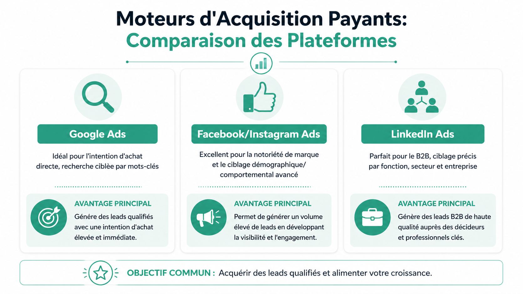 Comparaison des moteurs d'acquisition payants Google Ads, Facebook Ads et LinkedIn Ads pour générer des leads qualifiés.