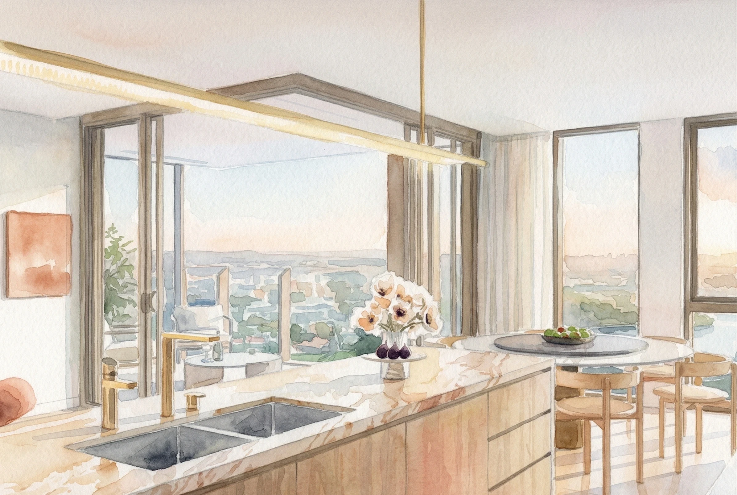 Watercolor painting of a modern kitchen in Sydney with a city view, wood island, and gold fixtures.