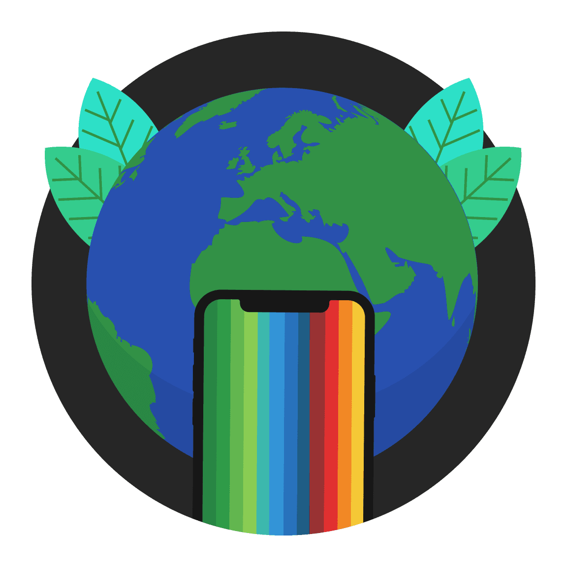 Illustratie van handen die voorzichtig de aarde vasthouden en boombladeren die uitsteken.