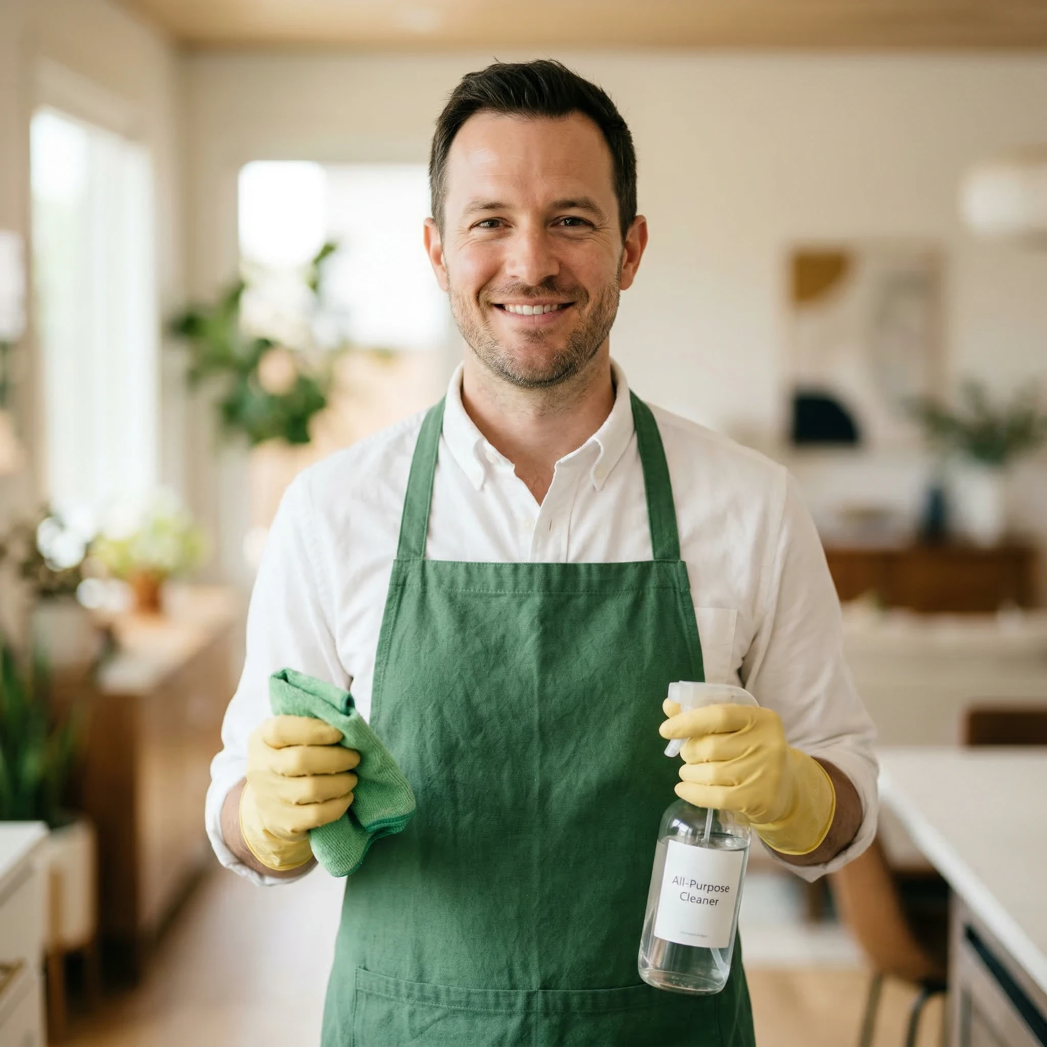 Man in green apron holds cleaning spray and cloth in a bright kitchen.