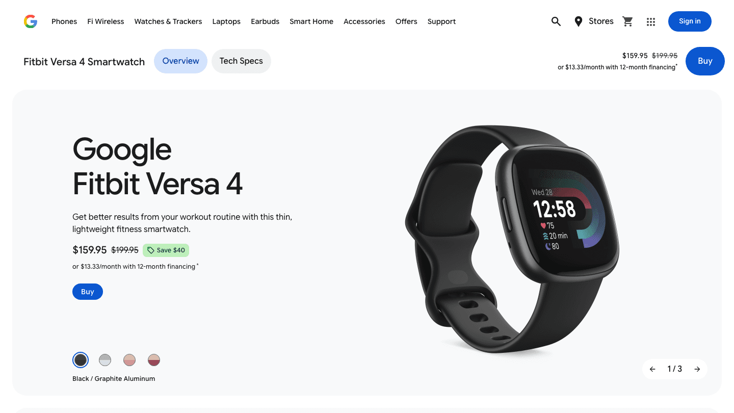 Fitbit Versa 4 on the Google Store showing $159.95 current price
