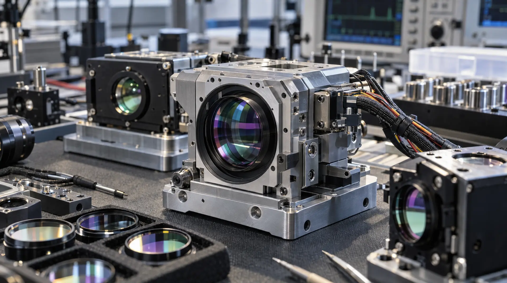 Precision optical camera assembly with a large lens module on a metal workbench, highlighting semiconductor marketing for advanced manufacturing teams.