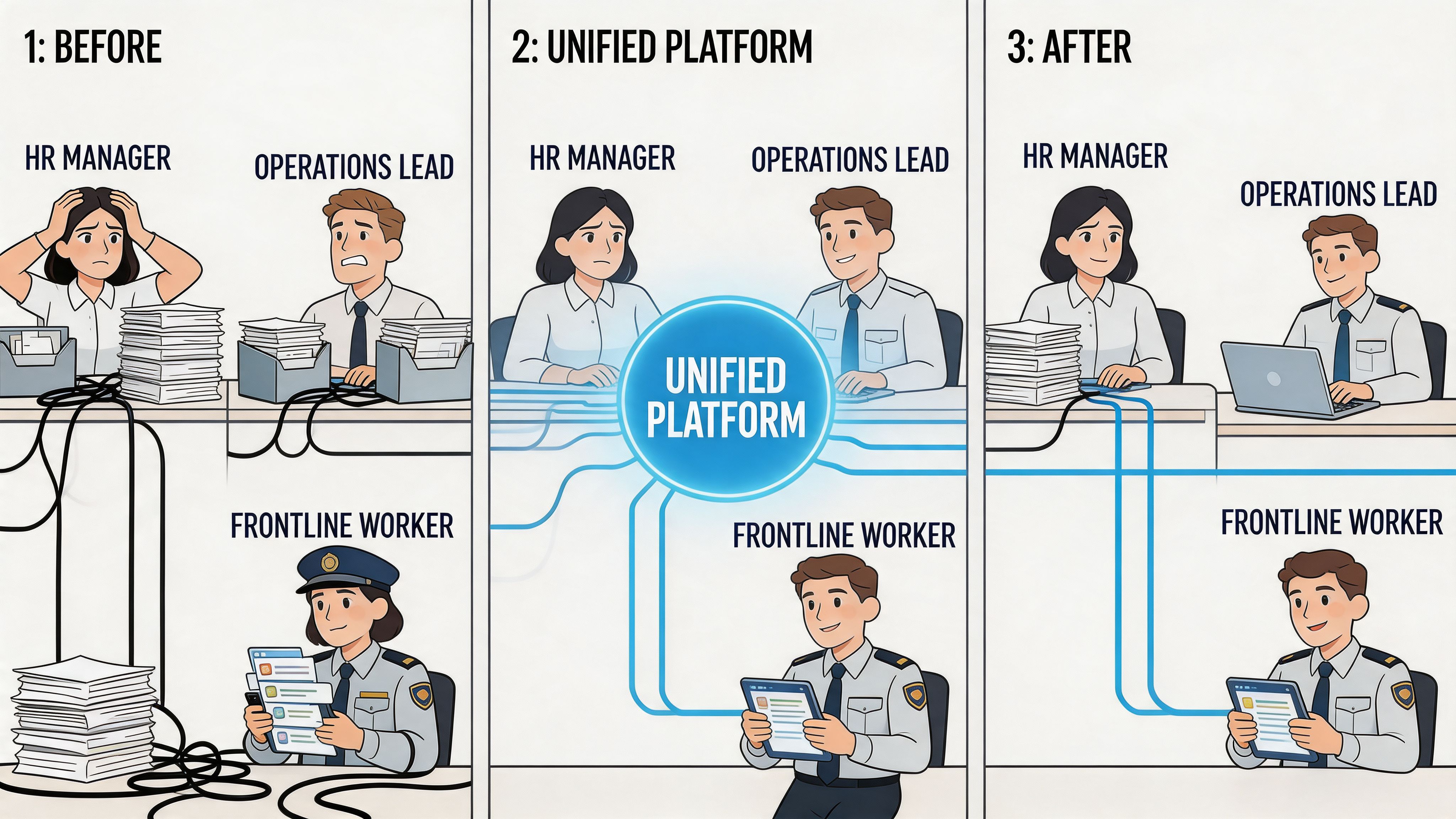 A diagram illustrating the efficiency benefits of a unified communication platform for businesses and workers.