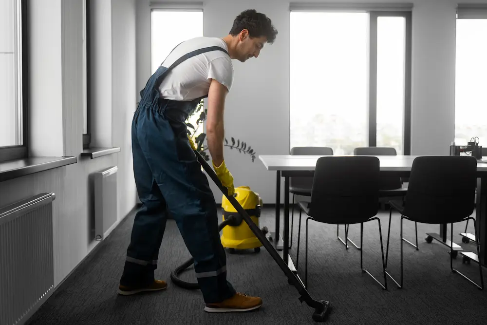 Professional cleaner vacuuming school carpet with industrial yellow vacuum
