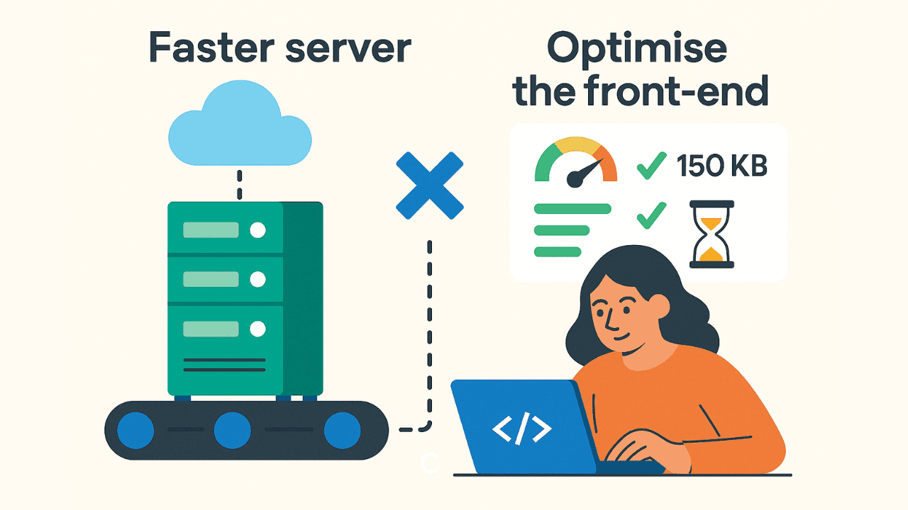 Flat illustration comparing a fast server with a frontend developer optimizing performance, highlighting that frontend efficiency impacts speed more than hosting.