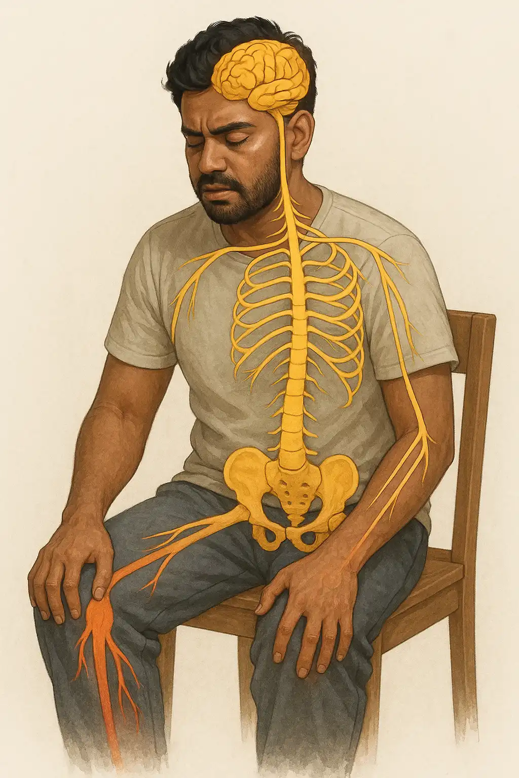 Illustration of a man with highlighted nervous system pathways showing muscle weakness and nerve impairment, representing Guillain-Barré Syndrome (GBS).