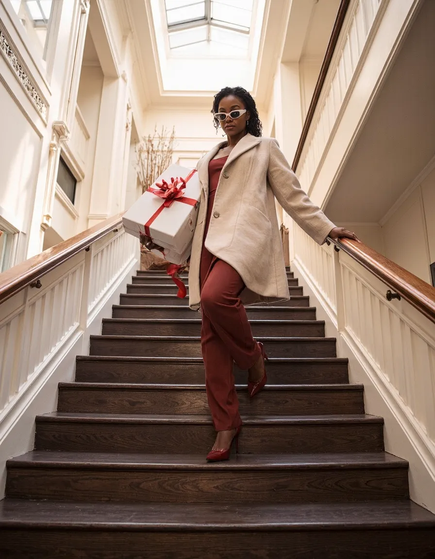 Stylish woman in beige coat holding gift box on elegant staircase with natural lighting
