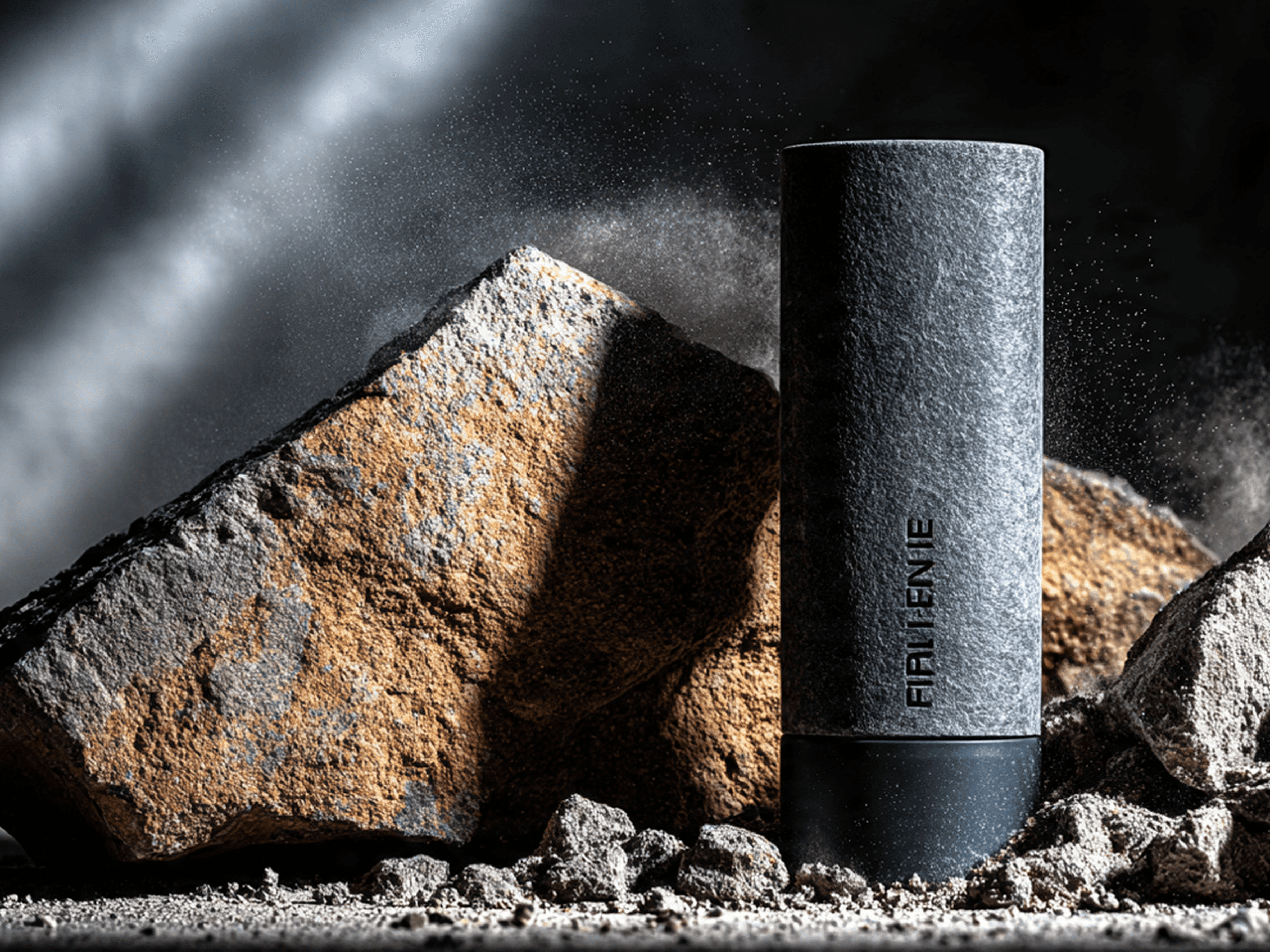 Cylindrical 'AIRLENE' product with stone-like texture among rugged rocks and mist