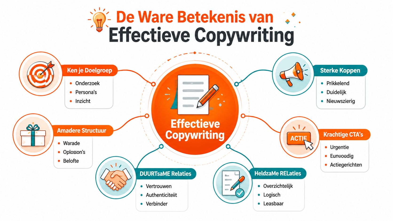 Een overzichtelijke infographic die de belangrijkste elementen van effectieve copywriting in de Nederlandse taal weergeeft.