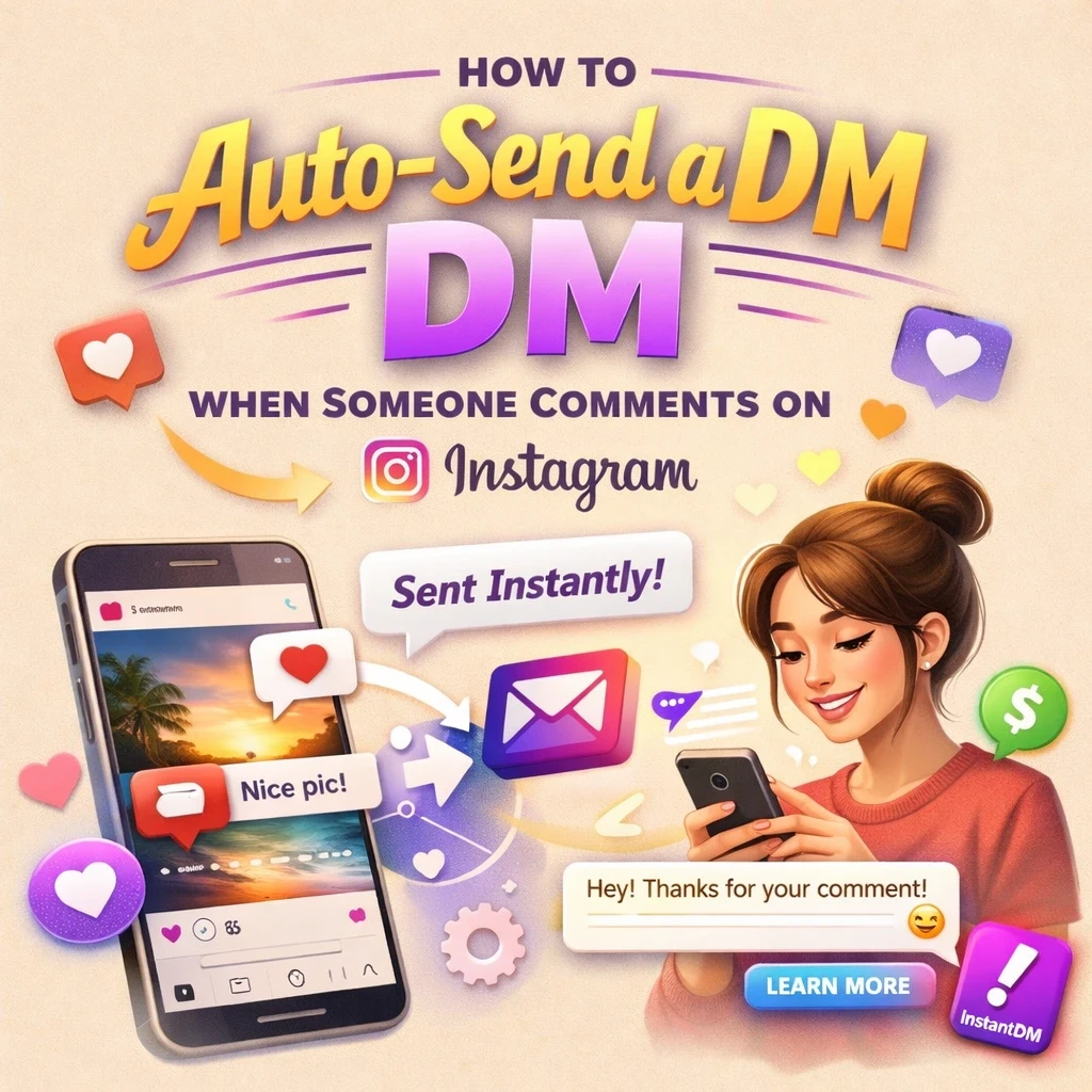 Illustration showing how to automatically send a DM when someone comments on Instagram, featuring a smartphone, comment-to-DM flow, and InstantDM logo on a beige background.