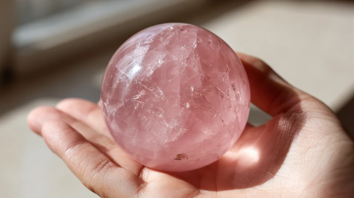 Close-up of a polished rose quartz stone showing its crystal structure.