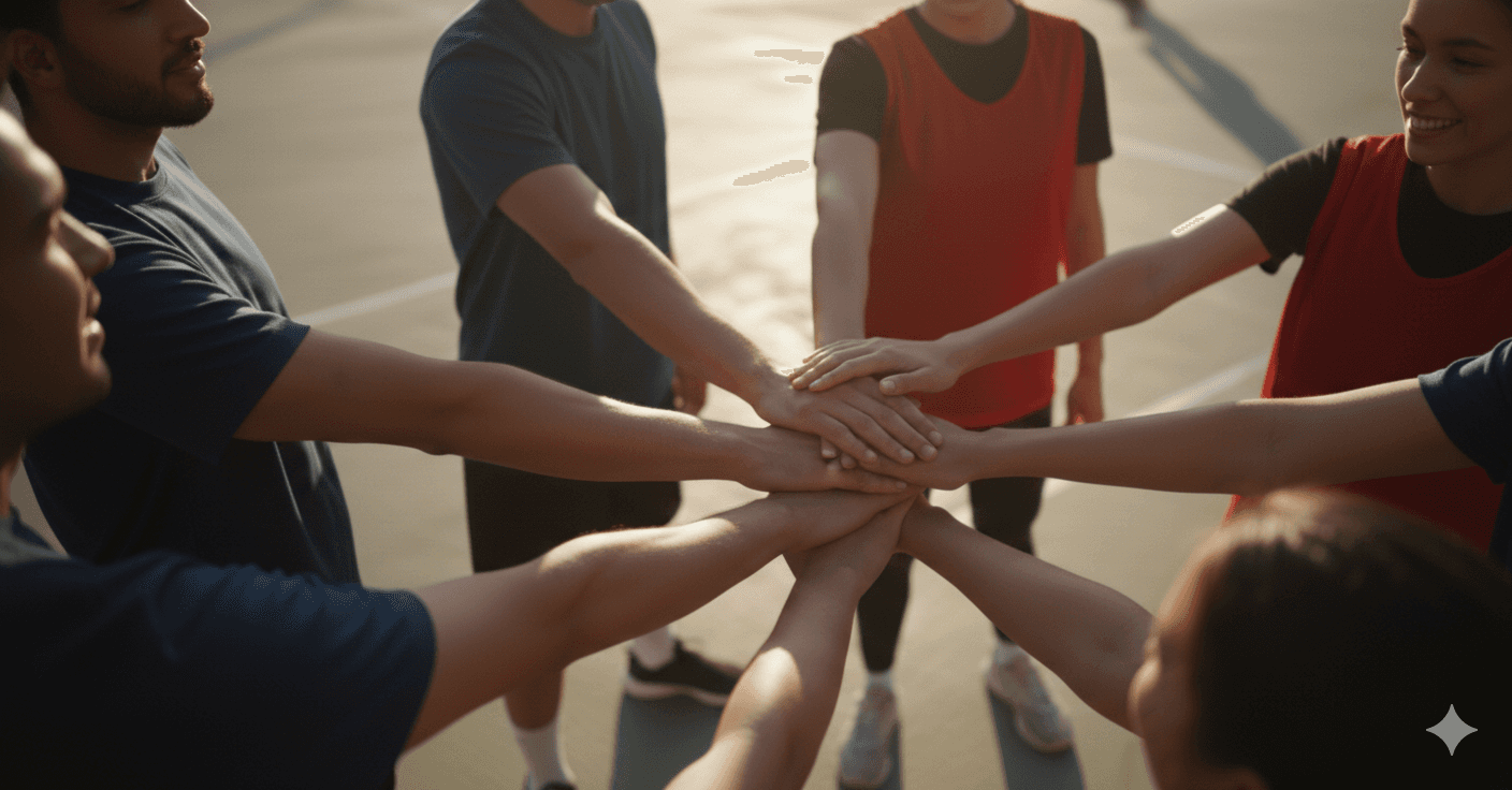 Black-and-white illustration of a large group of smiling people taking a group selfie outdoors, with mountains and a trail in the background