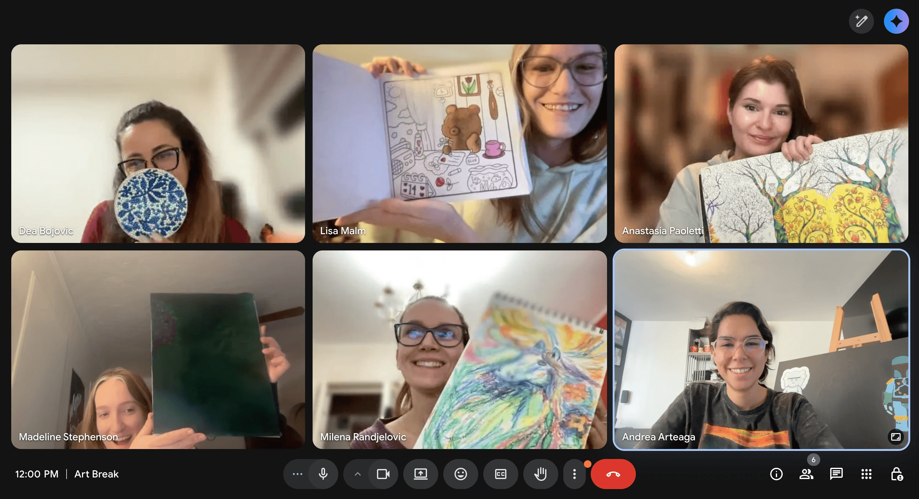 Six Honest Digital employees in a video chat during a monthly Art Club meetup showing off various personal art projects.