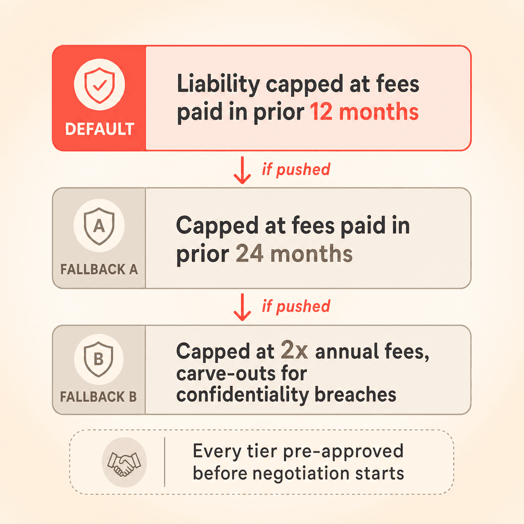 Three-tier fallback ladder for a liability cap clause: default at 12 months of fees, fallback A at 24 months, fallback B at two times annual fees with carve-outs
