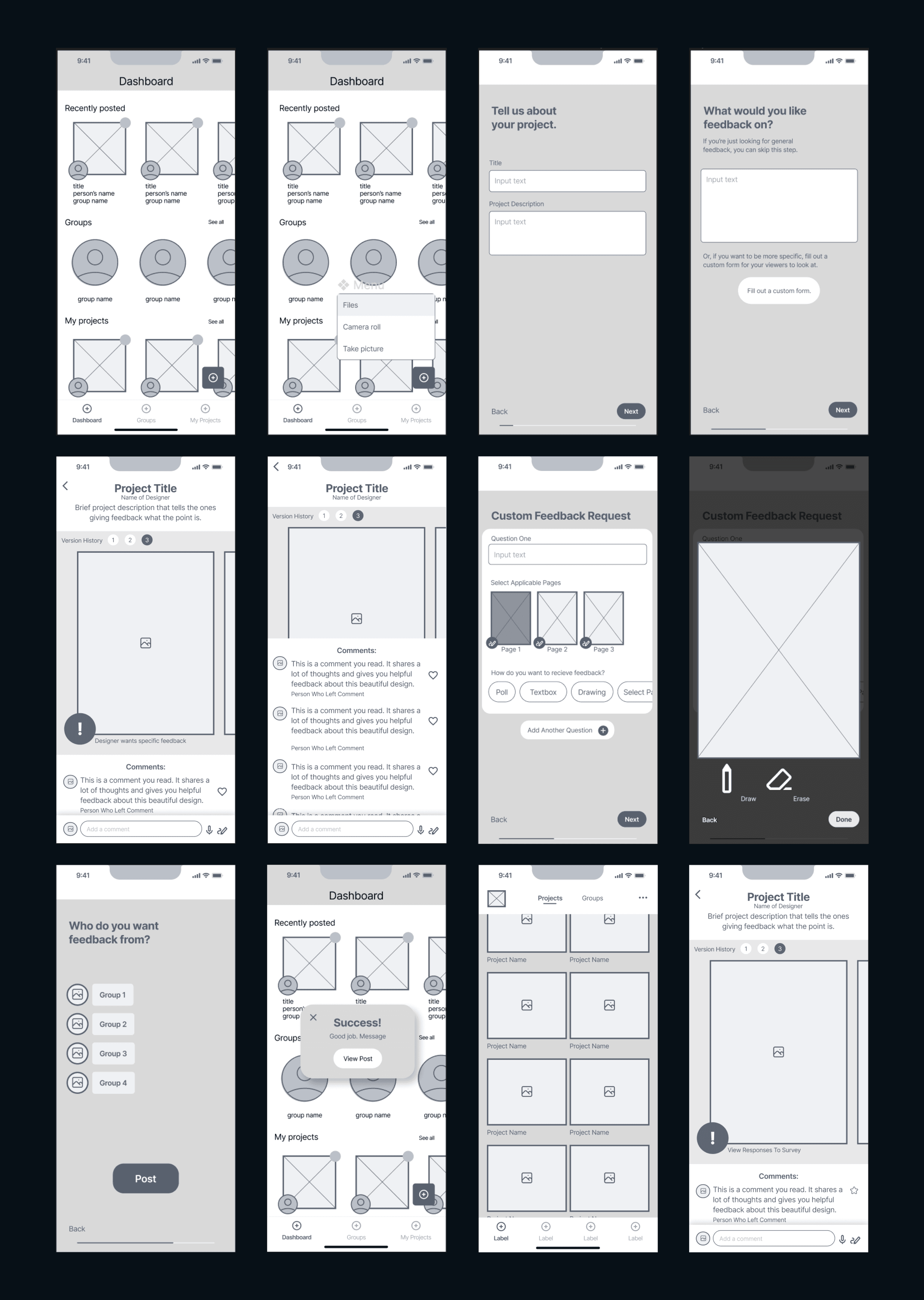 12 low fidelty app design screens.