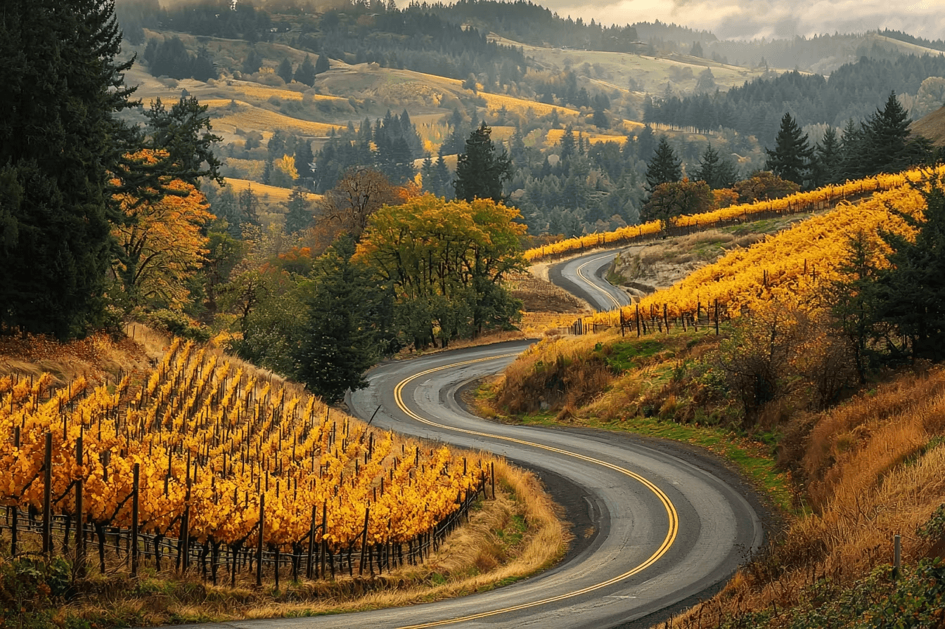 A scenic road winding through rolling hills dotted with vineyards in oregon during autumn