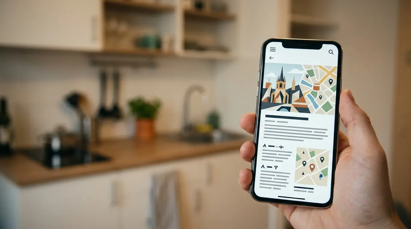 A guest holding a phone at a natural angle, viewing a digital guidebook article inside a small studio apartment.