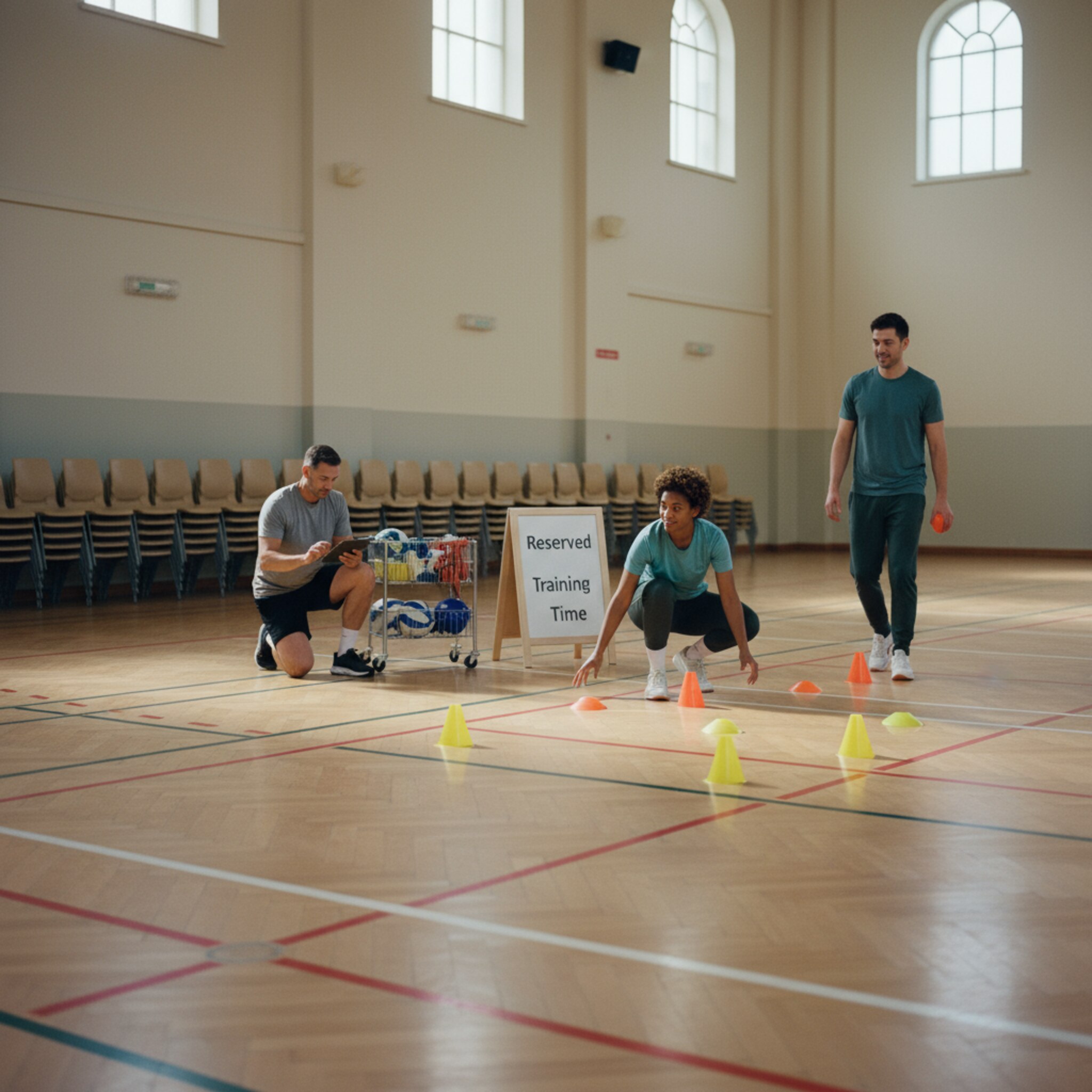 Ein Mehrzwecksaal mit Markierungen auf dem Parkett, am Rand stehen sauber gestapelte Stühle. Ein Schild weist auf eine reservierte Trainingszeit hin, während ein Betreuer das Setup prüft. Zwei Mitglieder stellen leise Hütchen auf. Die Stimmung ist fokussiert und geordnet.