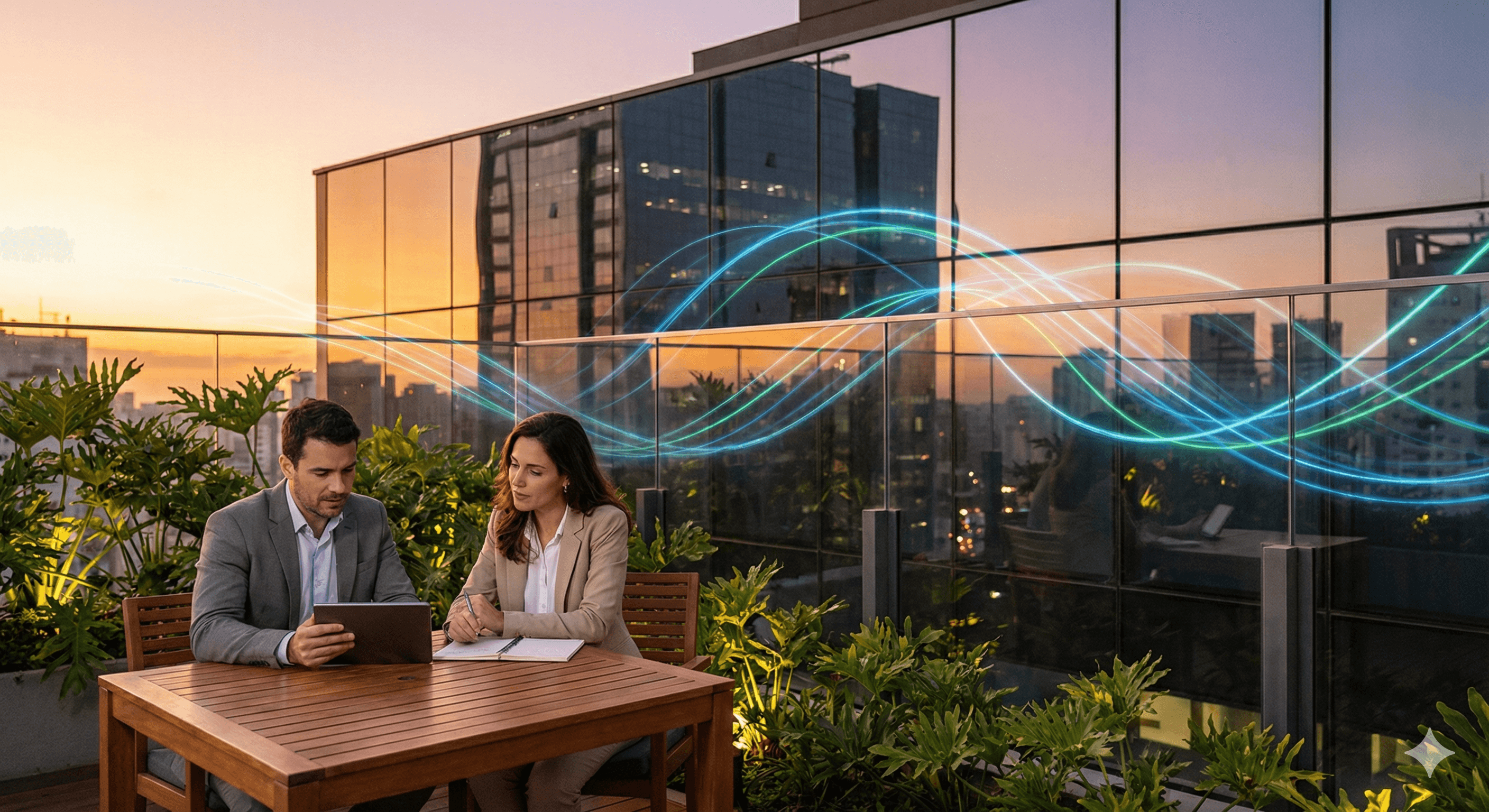 A man and a woman in business attire sit at a wooden table on a rooftop patio, discussing over a tablet, with a modern cityscape and glowing digital wave patterns reflected in the glass building facade at sunset, illustrating a futuristic vision of Clara Fintech.