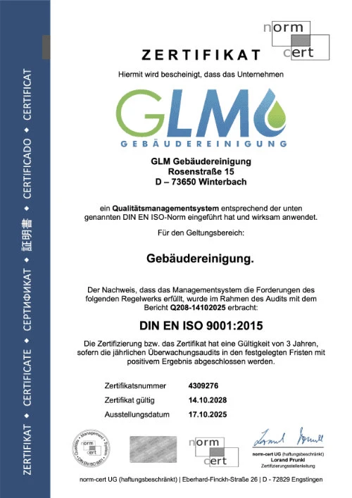DIN EN ISO 9001 Zertifikat für Qualitätsmanagementsysteme der norm-cert UG, ausgestellt für das Unternehmen GLM Gebäudereinigung
