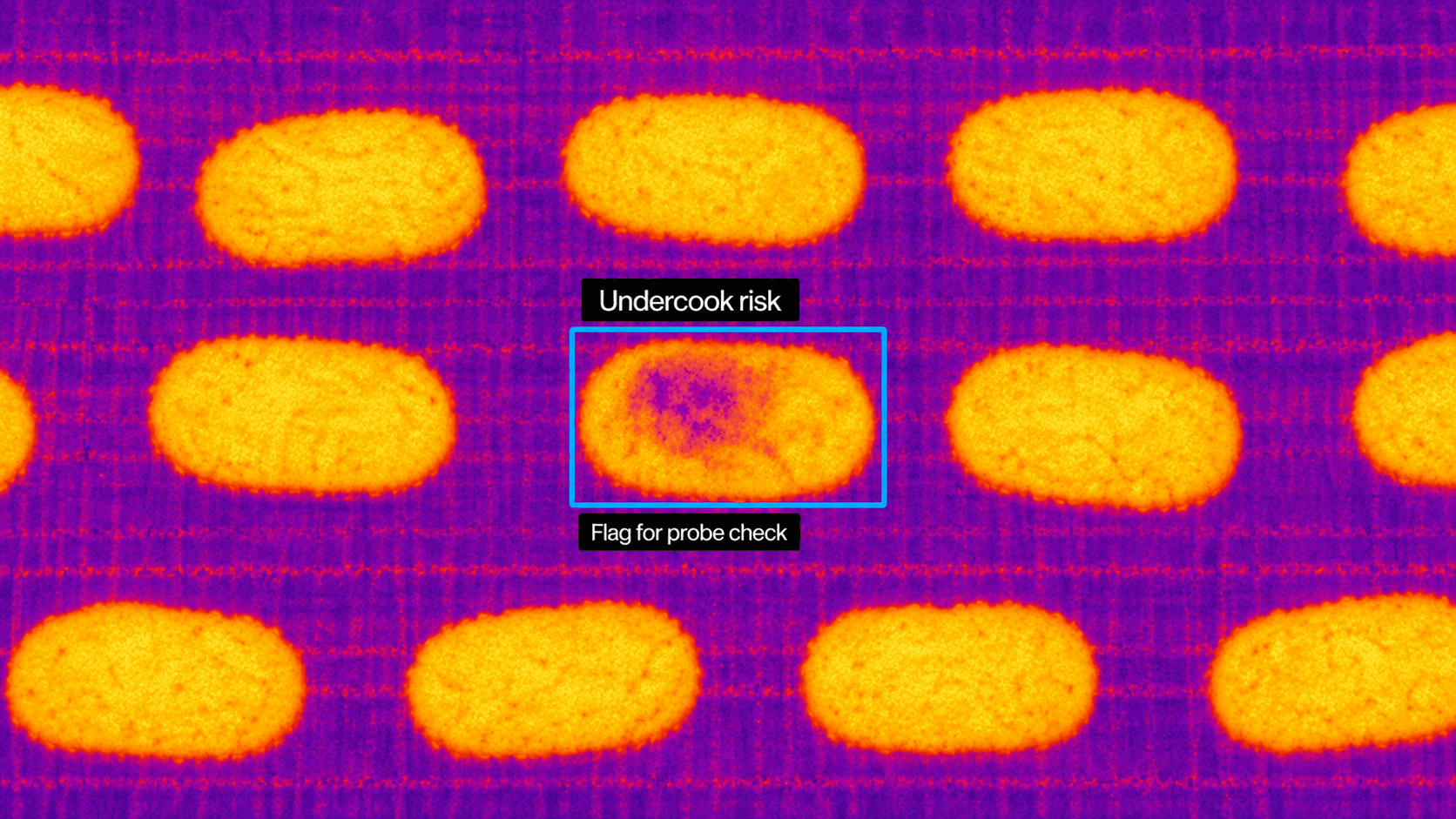 Illustrative thermal view of a cooler hash brown flagged for a probe check to investigate undercook risk.