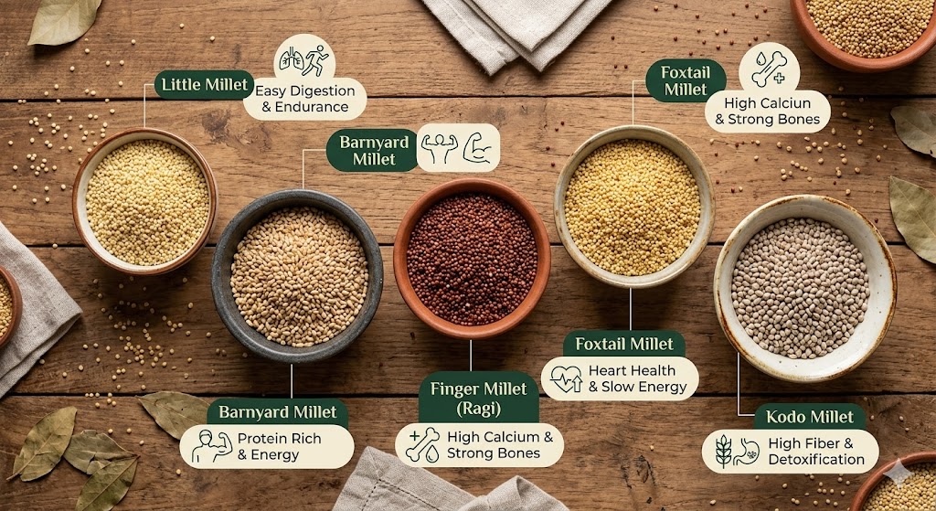 An Indian millet nutrition infographic. A central column lists general benefits like gluten-free, sustainable, high fiber, protein, and calcium. Left column compares white rice (low nutrition, low fiber, high GI) to foxtail millet and kodo millet (high fiber, low GI, nutritious). Right column highlights barnyard millet and finger millet (ragi) (very high calcium, rich in iron, high fiber).