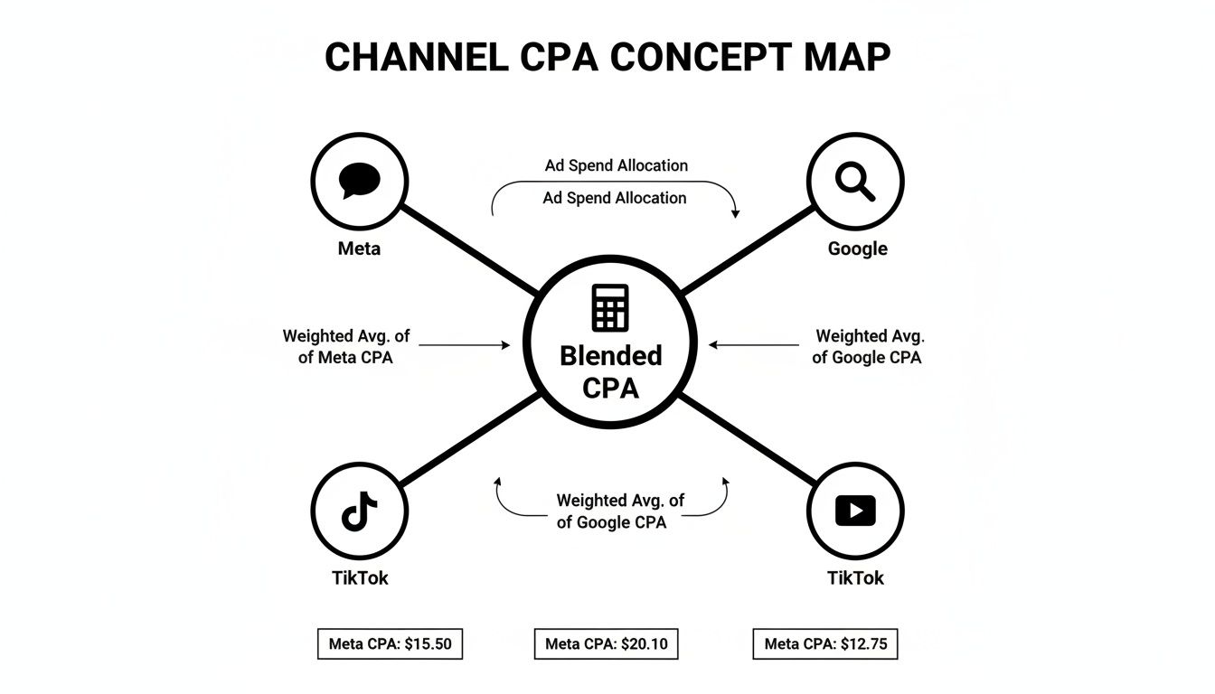 A concept map detailing the calculation of Blended CPA from multiple advertising channels like Meta, Google, and TikTok.