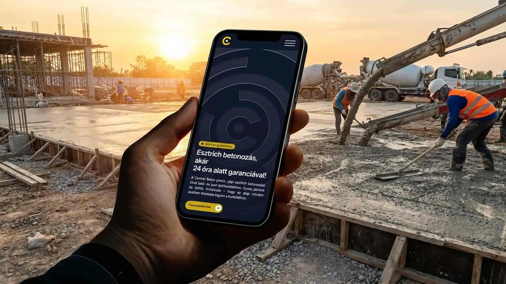 Kézben tartott okostelefon képernyője a Central Beton mobil weboldalával, rajta 'Esztrich betonozás, akár 24 óra alatt garanciával!' szöveggel. A háttérben egy aktív építkezés látható munkásokkal és betonszivattyúval naplementekor.